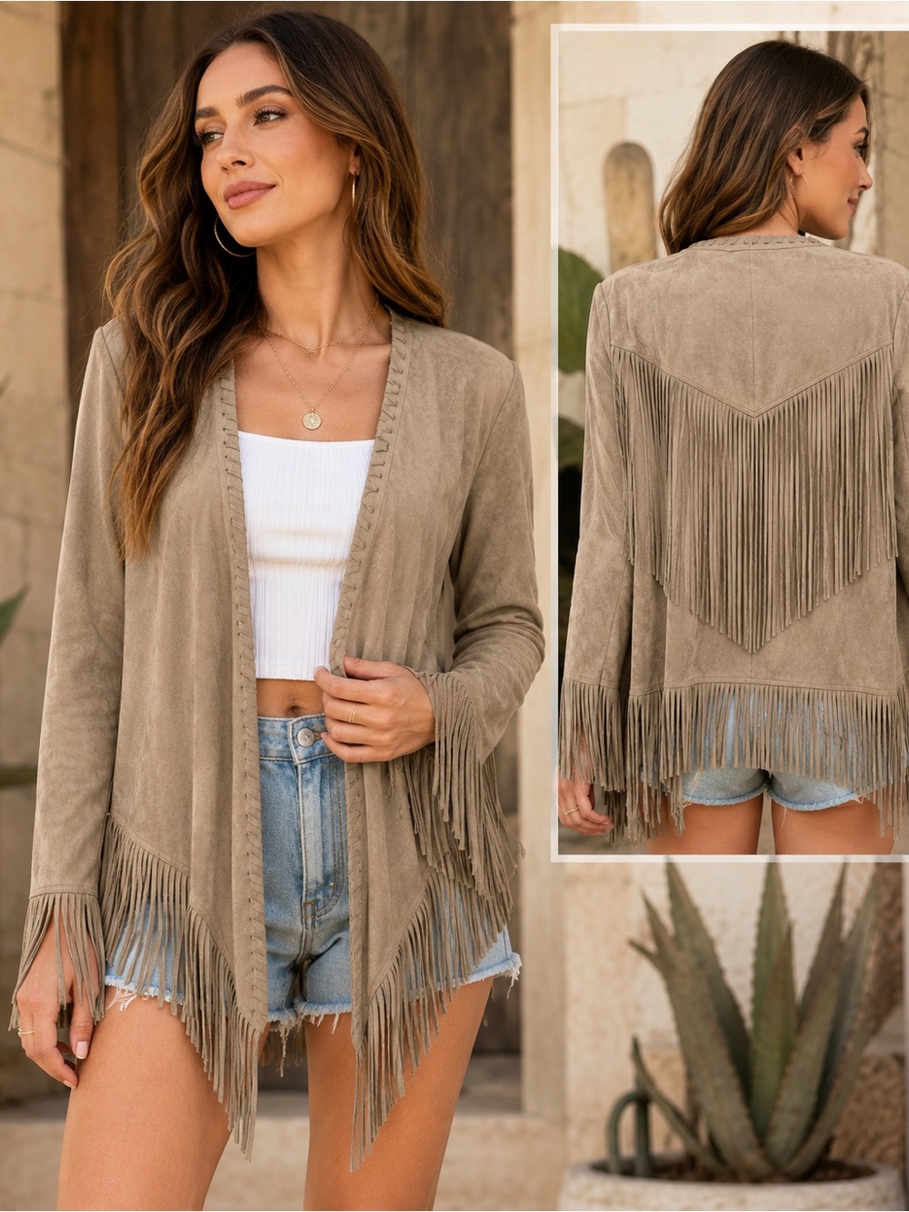 Show Me Your MuMu Taupe Fringe Open-Front Cardigan